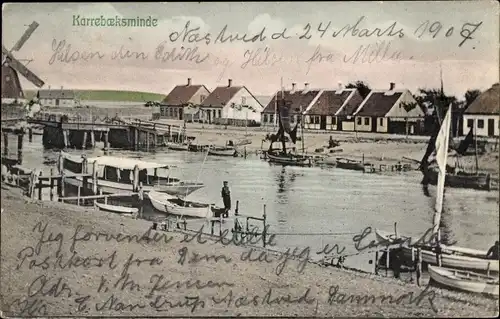 Ak Karrebæksminde Dänemark, Bootsanlegestelle, Windmühle, Ort