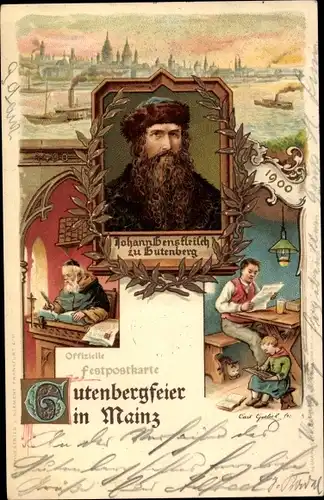 Künstler Litho Mainz am Rhein, Gutenbergfeier, Johann Gensfleisch zu Gutenberg