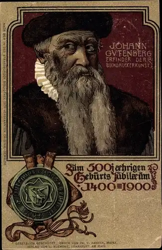 Litho Johann Gutenberg, Erfinder der Buchdruckerkunst, 500jähriges Geburtsjubiläum, Portrait