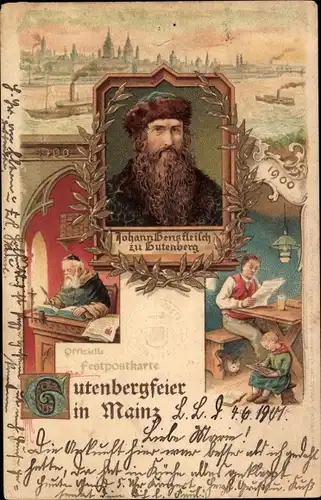 Künstler Litho Mainz am Rhein, Gutenbergfeier 1900, Johann Gensfleisch zu Gutenberg