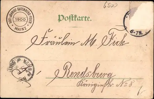 Künstler Litho Mainz am Rhein, Gutenbergfeier 1900, Johann Gensfleisch zu Gutenberg
