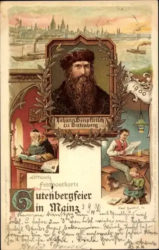 Künstler Litho Mainz am Rhein, Gutenbergfeier 1900, Johann Gensfleisch zu Gutenberg
