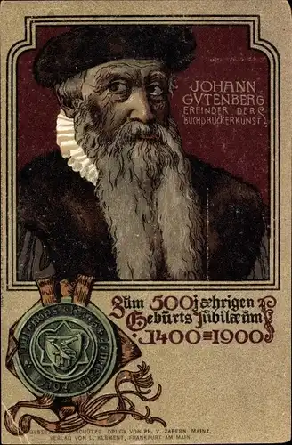 Künstler Litho Johann Gutenberg, 500jh. Geburts Jubiläum 1400 - 1900