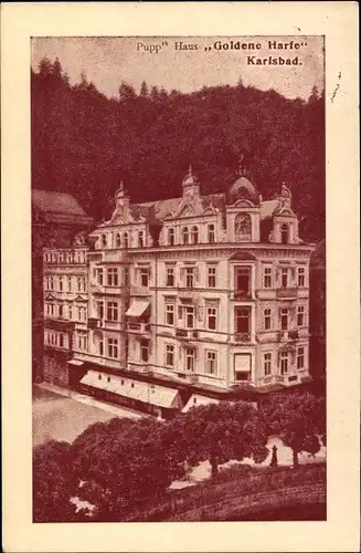 Ak Karlovy Vary Karlsbad Stadt, Pupp Haus, Goldene Harfe