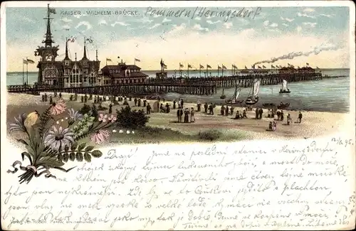 Vorläufer Litho Ostseebad Heringsdorf auf Usedom, Kaiser Wilhelm Brücke, Strandpartie, 1895