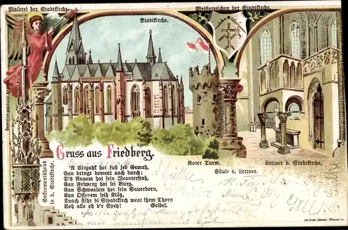 Litho Friedberg in Hessen, Stadtkirche, Meisterzeichen, Roter Turm, Lettner