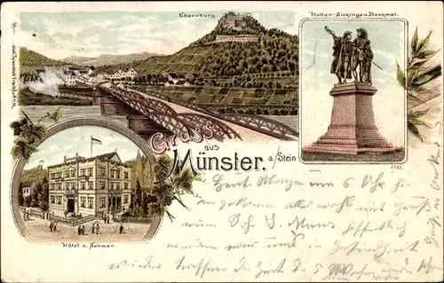 Litho Bad Münster am Stein Ebernburg, Hotel zum Schwan, Hutten Sickingen Denkmal