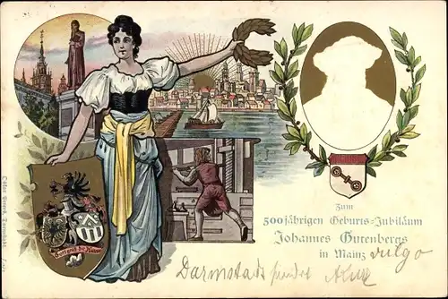 Präge Wappen Litho Mainz, 500jähriges Geburtsjubiläum Johannes Gutenberg, Druckerei