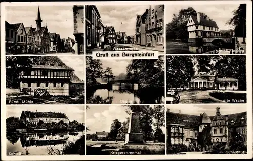 Ak Burgsteinfurt Steinfurt im Münsterland, Schlosshof, Kriegerehrenmal, Wassermühle, alte Wache