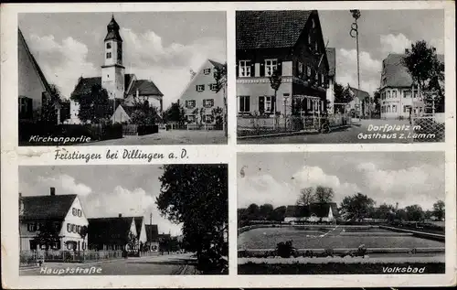 Ak Fristingen Dillingen an der Donau; Volksbad, Gasthaus zum Lamm, Kirche, Hauptstraße