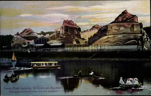 Ak Wahren Leipzig in Sachsen, Lunapark am Auensee, Ruderboote, Gebirgs Szeneriebahn