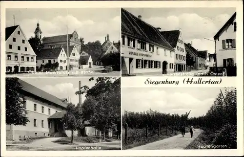 Ak Siegenburg in Niederbayern, Oberer Marktplatz mit Kirche, Herrenstraße, Hopfenhalle