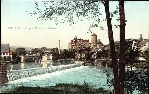 Ak Zschopau im Erzgebirge Sachsen, Blick zum Schloss, Wehr