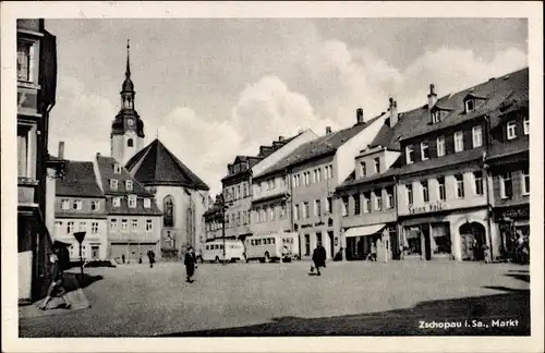 Ak Zschopau im Erzgebirge Sachsen, Marktplatz, Salon Volt, Kirche, Busse