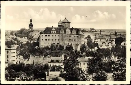 Ak Zschopau im Erzgebirge Sachsen, Schloss Wildeck, Gesamtansicht, Wohnhäuser, Kirche