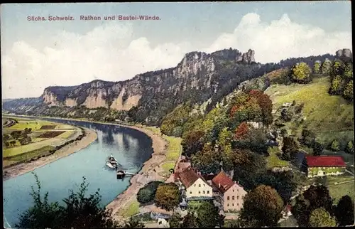 Ak Kurort Rathen im Elbsandsteingebirge, Blick auf den Ort, Basteiwände, Elbe