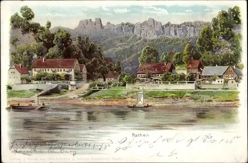 Litho Kurort Rathen im Elbsandsteingebirge, Elbufer