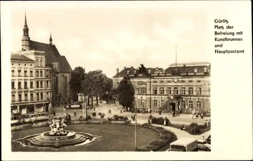 Ak Görlitz in der Lausitz, Platz der Befreiung mit Kunstbrunnen und Hauptpostamt
