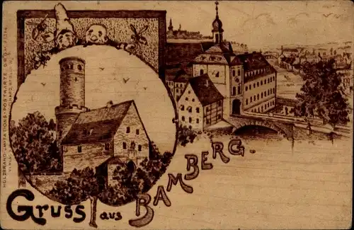 Litho  Bamberg in Oberfranken, Teilansichten, Holzbrand Imitation