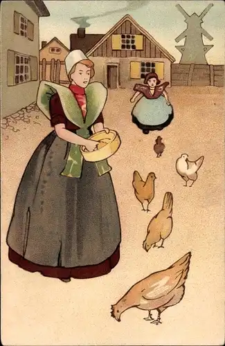 Litho Frau in niederländischer Tracht, Hühner