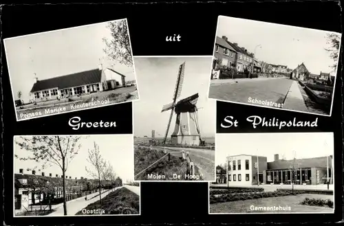 Ak Sint Philipsland Zeeland, Molen De Hoop, Gemeentehuis, School, Schoolstraat