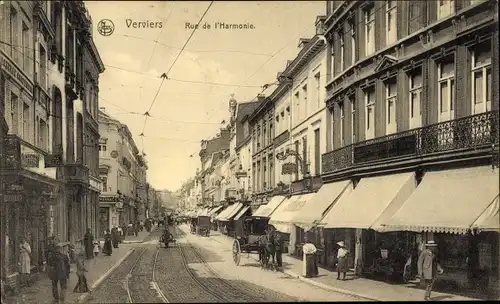 Ak Verviers Wallonien Lüttich, Rue de l´Harmonie, Geschäfte, Kutsche