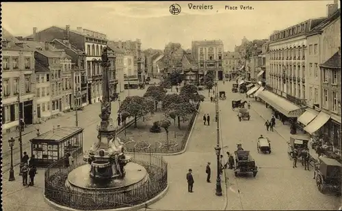 Ak Verviers Wallonien Lüttich, Place Verte, Denkmal, Geschäfte