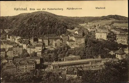 Ak Karlovy Vary Karlsbad Stadt, Blick von der Hubertusburg, Mühlbrunnen, Westend