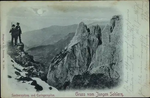 Mondschein Ak Seis am Schlern Siusi Kastelruth Castelrotto Südtirol, Gruß vom Jungen Schlern