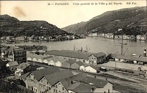 Ak Pasaia Pasajes Pasages Baskenland, Vista general de la Villa y del Puerto