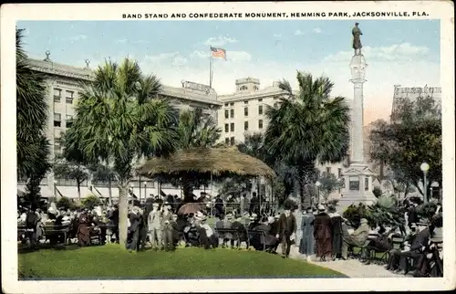 Ak Jacksonville Florida USA, Hemming Park, Band Stand and Confederate Monument