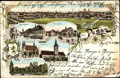 Litho Pegau in Sachsen, Königsplatz, Rathaus, Stadtkirche, Promenade, Blick auf den Ort