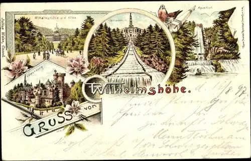 Litho Bad Wilhelmshöhe Kassel in Hessen, Aquädukt, Löwenburg, Cascaden, Pensionshaus Wilhelmshöhe