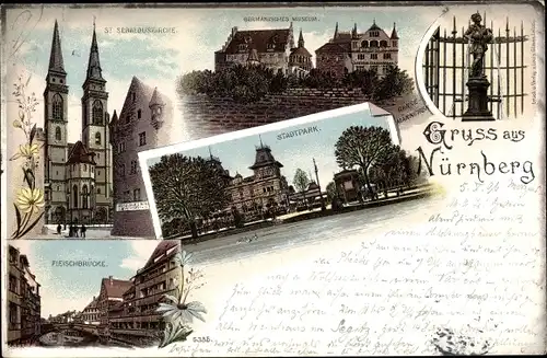 Litho Nürnberg in Mittelfranken Bayern, Germanisches Museum, Fleischbrücke, St. Sebaldus Kirche