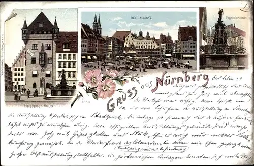 Litho Nürnberg in Mittelfranken, Nassauer Haus, Markt, Tugendbrunnen