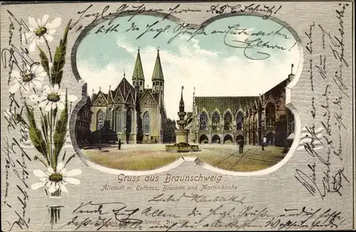 Passepartout Ak Braunschweig in Niedersachsen, Altstadt, Rathaus, Brunnen, Martinikirche