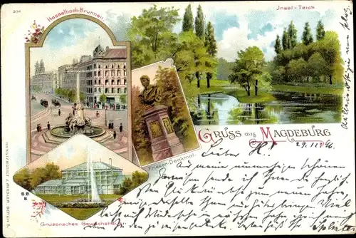 Litho Magdeburg, Grusonsches Gewächshaus, Hasselbachbrunnen, Friesendenkmal