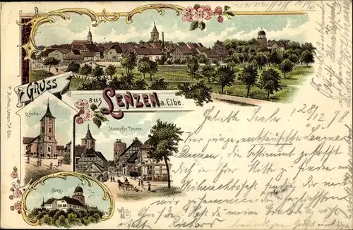 Litho Lenzen an der Elbe, Totalansicht, Stumpfer Turm, Kirche, Burg