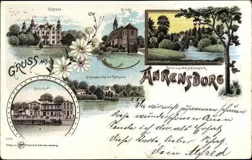 Litho Ahrensburg in Holstein, Schloss, Schlossbrücke, Bahnhof, Kirche