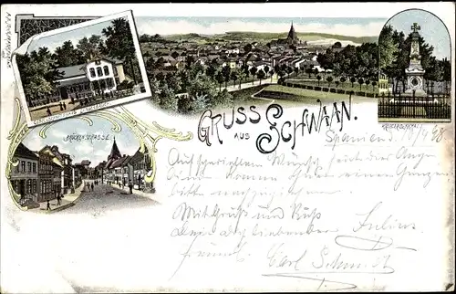 Litho Schwaan in Mecklenburg, Gesellschaftshaus Lindenbruch, Brückenstraße, Kriegerdenkmal