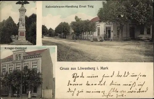 Ak Löwenberg in der Mark, Kriegerdenkmal, Kolonialwarenhandlung Ernst Tolg