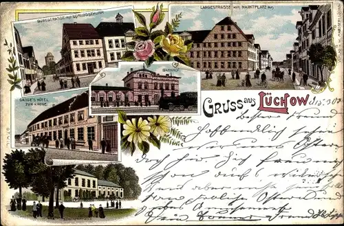 Litho Lüchow im Wendland, Lange Straße, Burgstraße, Schlossturm, Sasse's Hotel zur Krone, Bahnhof