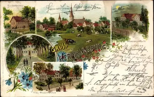 Litho Hermannsburg in der Lüneburger Heide, Missionsschule, Altes und neues Missionshaus, Kinderheim