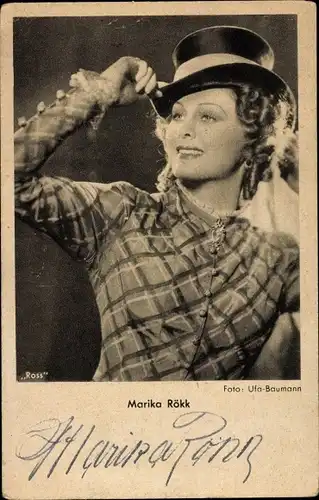 Ak Schauspielerin Marika Rökk, Portrait, Zylinder, Ross Verlag, Autogramm