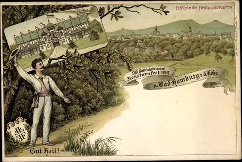 Litho Bad Homburg vor der Höhe, XXIII. Mittelrheinisches Kreisturnfest 1897, Festhalle, Turner