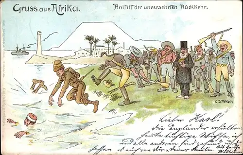 Künstler Litho Gruß aus Afrika, Antritt der unversehrten Rückkehr