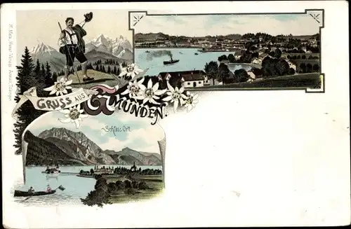 Litho Gmunden in Oberösterreich, Schloss Ort, Totalansicht, Wanderer in Tracht