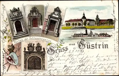 Litho Kostrzyn nad Odrą Cüstrin Ostbrandenburg, Portale der Schlosskaserne, Turm, Marienkirche