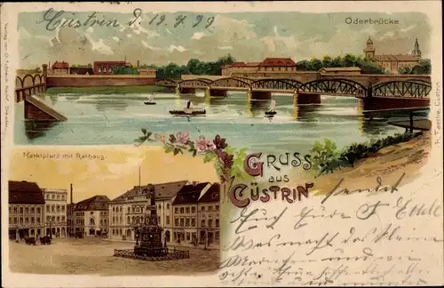 Litho Kostrzyn nad Odrą Cüstrin Küstrin Ostbrandenburg, Oderbrücke, Marktplatz mit Rathaus