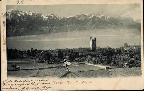 Ak Vevey Kanton Waadt, Tour St. Martin, Blick auf den Ort